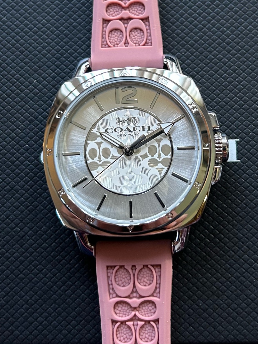 Coach Boyfriend Watch With 34mm Silver Face & Pink Silicone Band